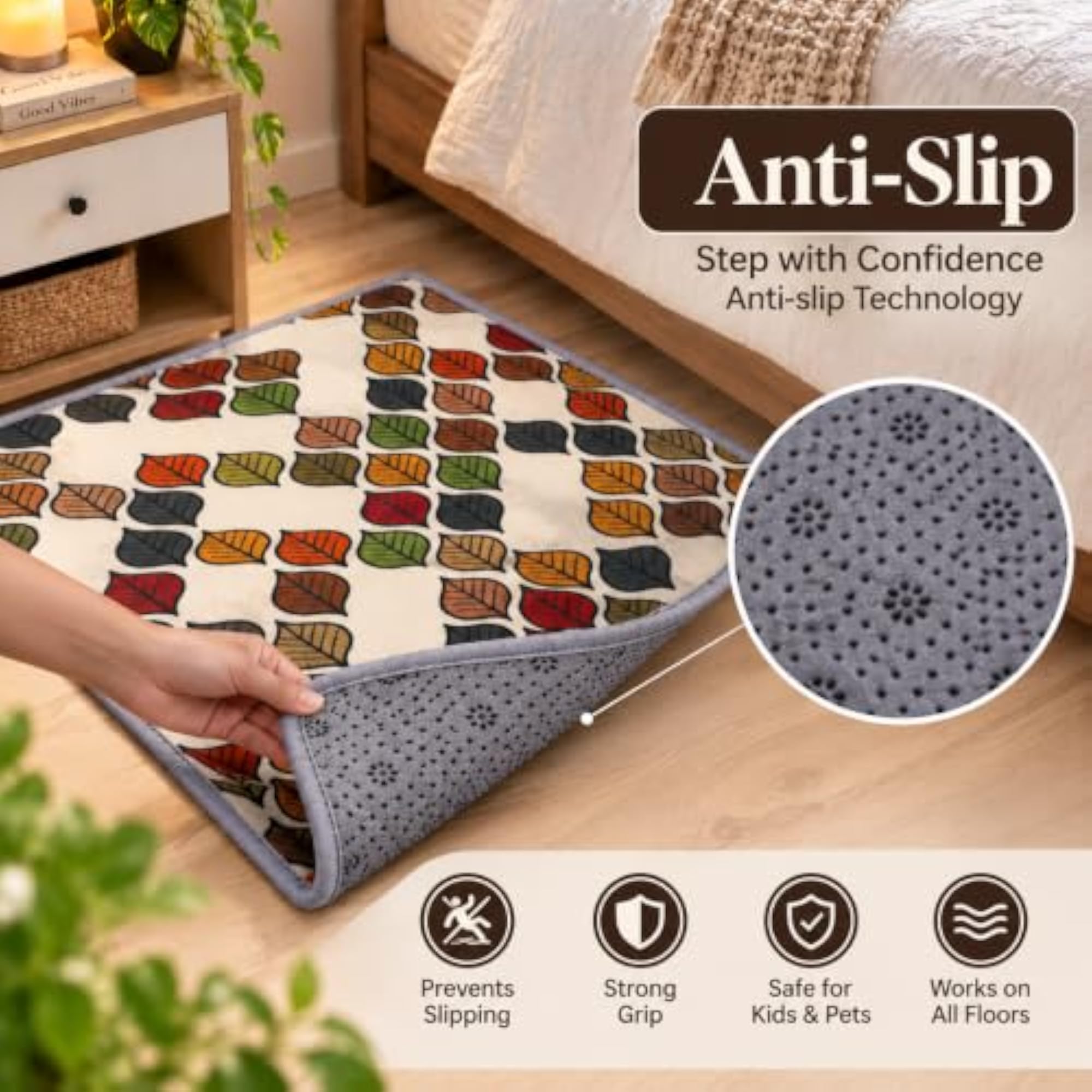 Soft Microfiber Floor Mat, 60 x 40cm, Multicolour Leaf Print